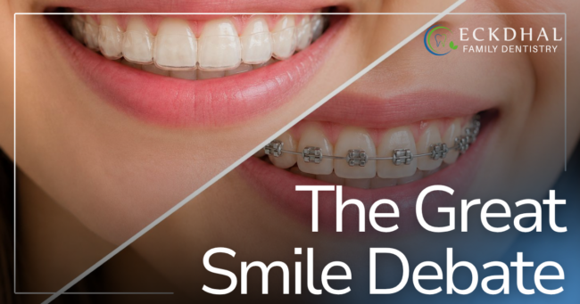 The Great Smile Debate A smiling patient with clear aligners and one with traditional braces