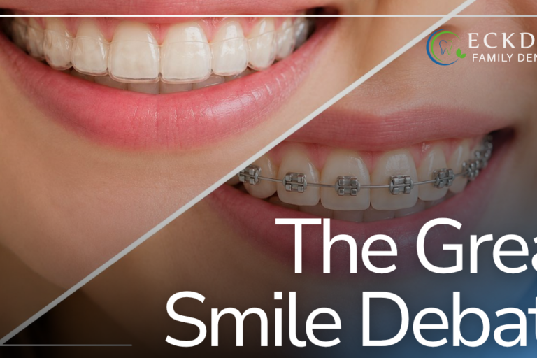 A smiling patient with clear aligners and one with traditional braces
